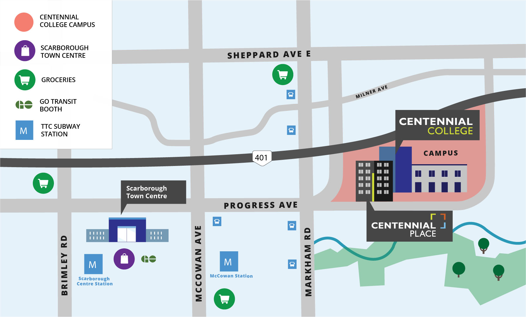 Centennial Place location map. Student living on Centennial College campus in Scarborough.